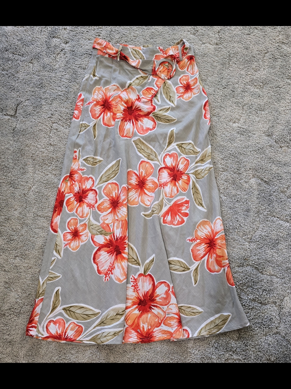 Floral A-Line Skirt M Gray with Coral Hibiscus Print Linen Blend *0118